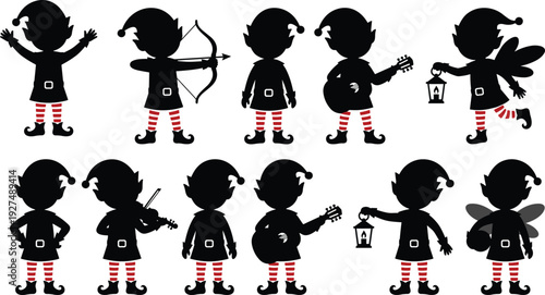 Set of Christmas elf silhouettes, cute festive character set featuring musical instruments, archery, lanterns, and holiday poses for winter designs,