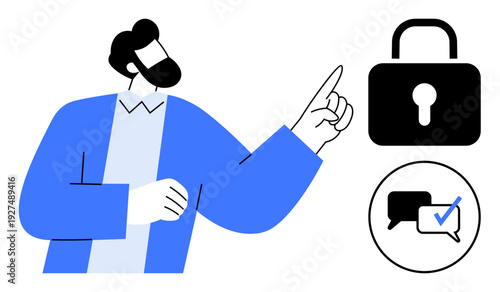 Man pointing at secure lock, verified chat bubble icon emphasizing cybersecurity, communication, privacy. Ideal for security, authentication, online protection, digital identity, technology privacy