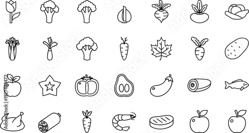 Food Icon Set Featuring Vegetable Broccoli Carrot Potato Apple Tomato Avocado Meat Chicken Fish Shrimp Starfruit Tulip Sausage and Organic Ingredients