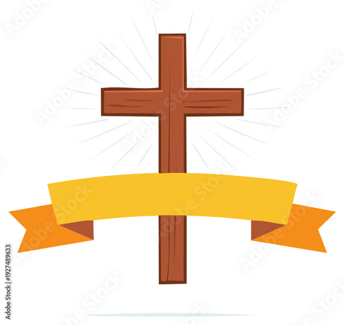 Wooden cross with radiating light, orange banner, vector illustration