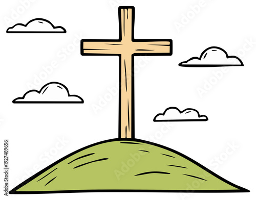 Symbolic Cross atop Hill with Clouds Illustration Representing Faith Hope and Easter Holiday Celebration Concepts