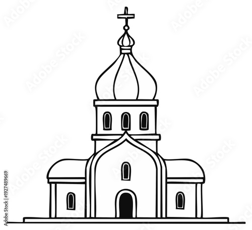 Black and White Illustration of a Traditional Church Building with Domes and Cross
