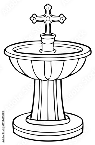 Ornate baptismal font with cross topper and water detail in a simple line art style.
