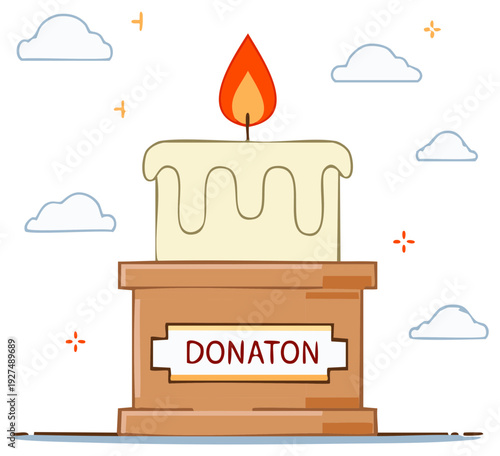 Candle Flame on Donation Box Symbolizes Support and Giving in the Sky Cartoon Style