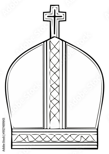 Ceremonial religious miter outline art with Christian cross and ornate patterns