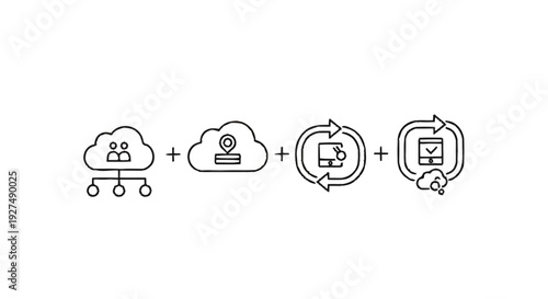 Cloud based data management and synchronization system icons.