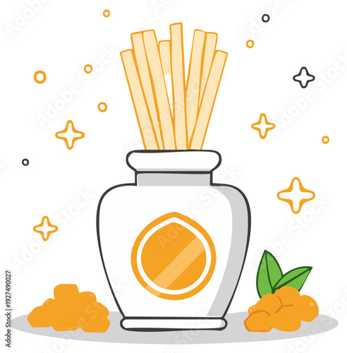 Ginger pieces in a jar with reed diffusers and star accents in a simple flat design style