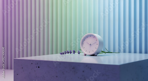 Wallpaper Mural A simple round timepiece and a purple flower stalk placed on a purple toned platform against a striped background Torontodigital.ca