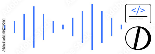 Audio technology, coding and development, digital accessibility, user interface design, sound analysis, data transmission. Blue audio waveform, code snippet and accessibility icon. Audio technology
