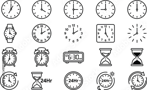 Time and clock icon set featuring analog watches, alarm clocks, hourglasses, digital displays, and 24 hour symbols for schedule and management,