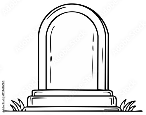 Simple black and white drawing of a tombstone with grass elements