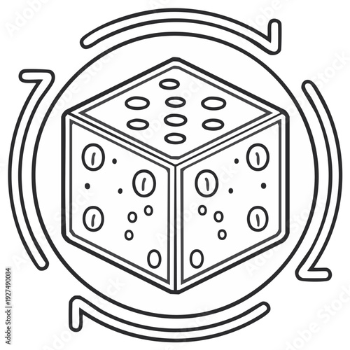 Dice cube with dots inside a circular arrow sign, business concept.