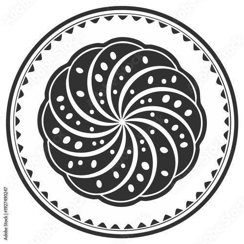 Stylized floral rosette illustration, geometric patterns inside a decorative circle, monochrome flower design, circular motif for graphic design, element