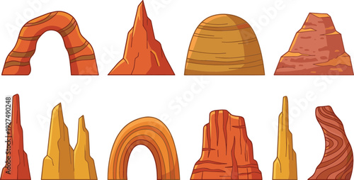 Cartoon Desert Rock Formations Collection with Sandstone Arches Canyons Cliffs and Mountain Landscapes Vector Illustration Set