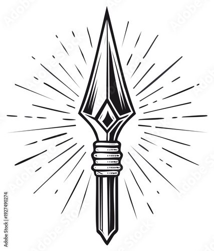 Engraved illustration of a spear or javelin with radiating light rays surrounding weapon