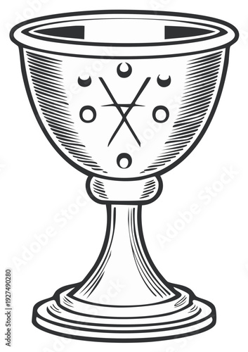Engraved illustration of a ceremonial chalice with decorative design elements.