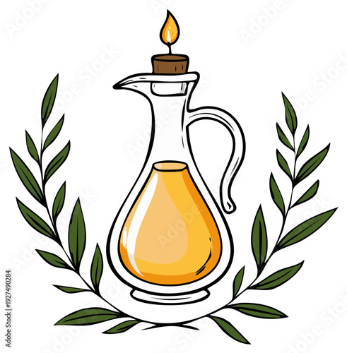 Glass olive oil cruet with flame and olive branches illustration