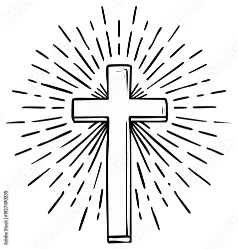 Hand drawn religious cross symbol radiating light with starburst effect