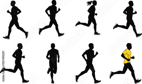 Vector silhouettes of people running and jogging, diverse male and female athletes in motion, marathon runners set isolated on white.