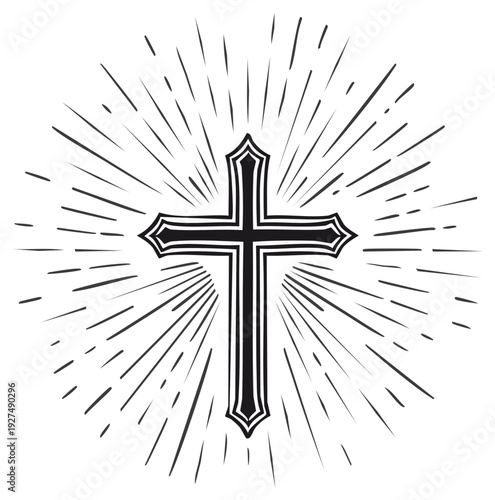 Ornate Christian Cross with Light Rays Radiating Symbol of Faith and Religion Design