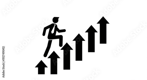 A businessman climbs a series of arrows pointing upwards, symbolizing career growth and progress in a simple illustration.