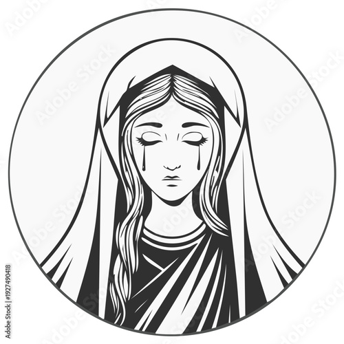 Crying Woman with Veil in Circular Frame, Sad Religious Iconography, Black and White Illustration