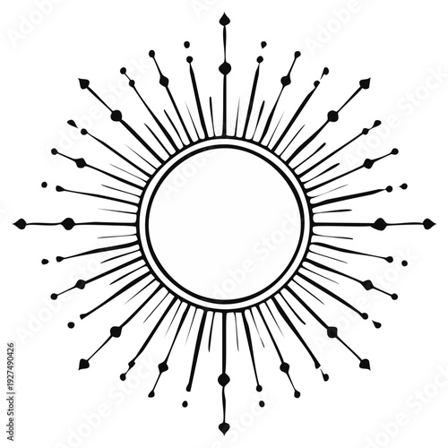 Esoteric Circular Emblem With Sunburst Rays And Geometric Orbs Stylized Celestial Design