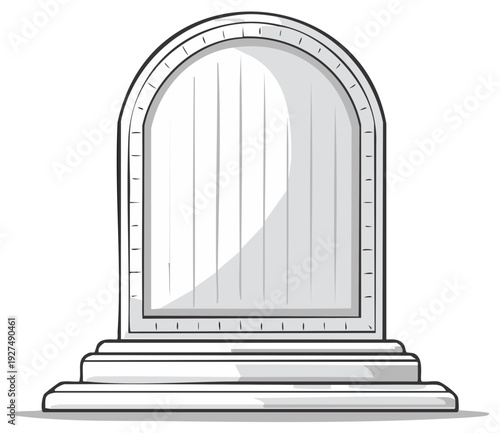 Cartoon illustration of a blank tombstone with arch and vertical lines.