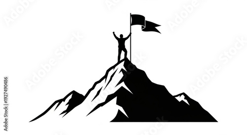 Triumphant figure standing on mountain peak with raised arms holding a flag