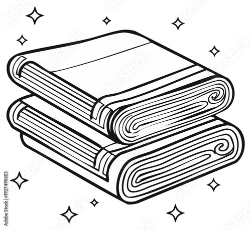 Stack of folded towels, black and white illustration
