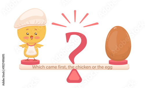 On swing anthropomorphic chicken woman, egg, question mark. Illustration on the topic “What came first: the egg or the chicken?” On the swing on the left is an anthropomorphic female chicken