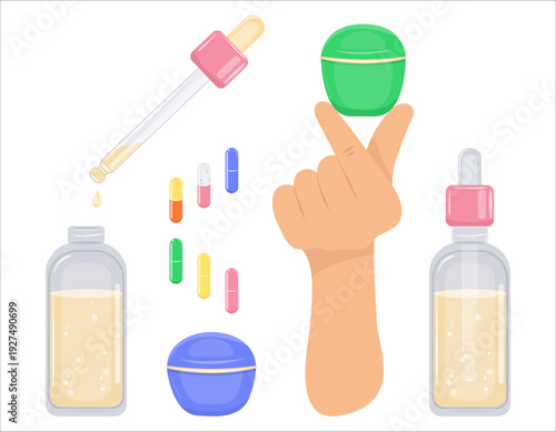 Set of isolated skincare products for the face and body. Set of isolated skincare products for the face and body. Moisturizing serum in glass jar with dropper. An open bottle of rejuvenating hyaluroni