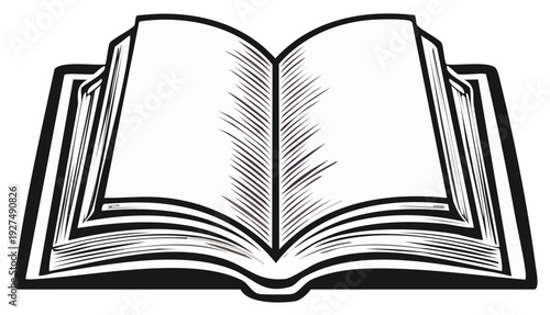 Open vintage book with blank pages in sketch style black and white