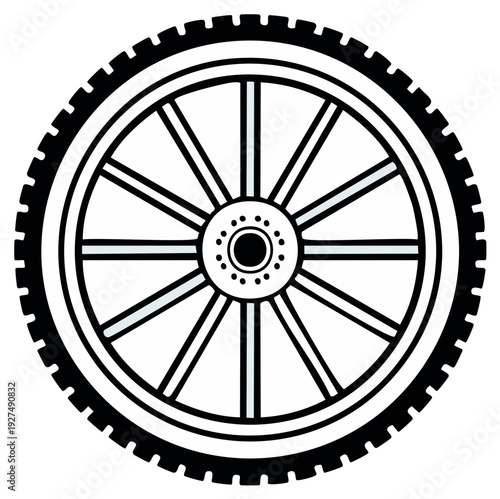 Black and white illustration of a wagon wheel with tire, ideal for design elements.