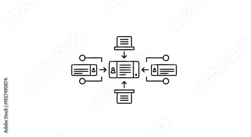 Centralized system with connected devices and data flow.