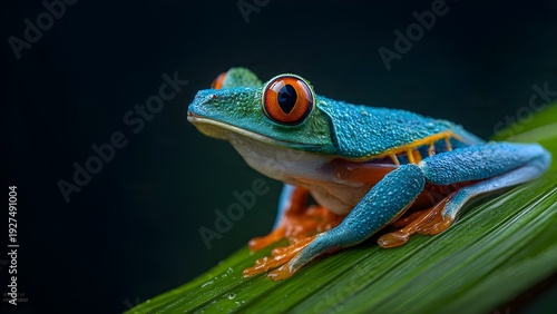 Extreme macro of a blue tree frog with orange eyes perched on a vibrant green leaf in a dark rainforest