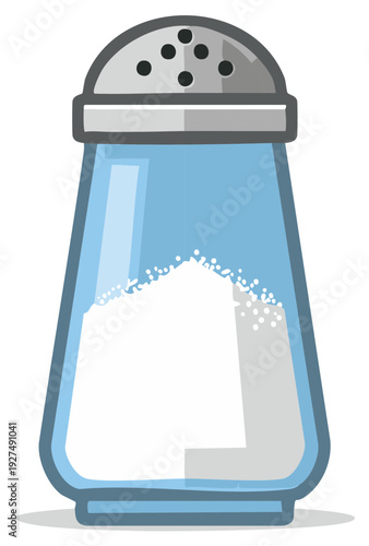 Cartoon illustration of a blue glass salt shaker filled with white granules for seasoning food
