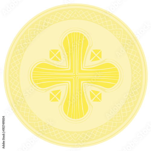 Sacred Communion Host with Ornate Christian Cross Design and Decorative Border