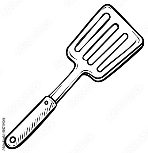 Drawn illustration of a cooking spatula kitchen tool with handle and slotted head.