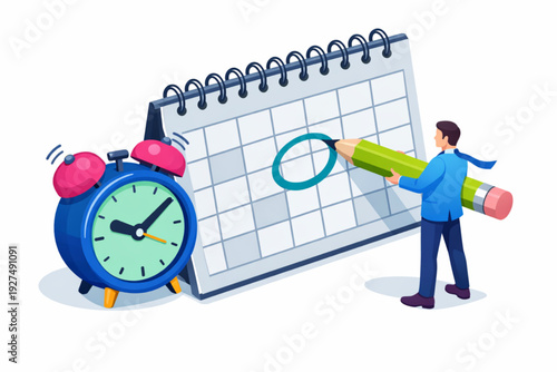 Businessman planning schedule with giant pencil and calendar