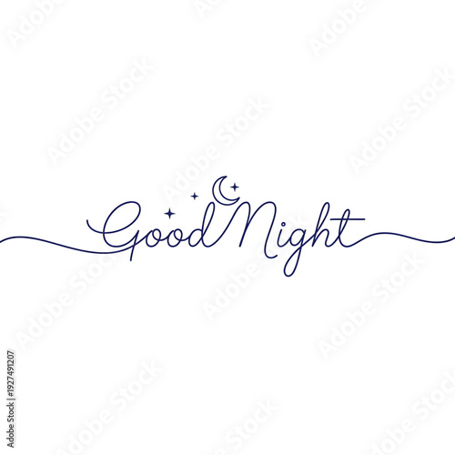 A serene good night message with a crescent moon, stars, and flowing script on a simple background, viewed from a straightforward perspective, as depicted in 40.svg illustration