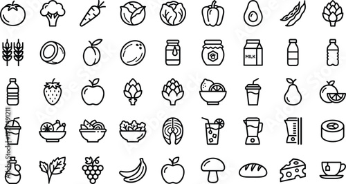 Healthy food vegetable fruit icon set, organic fresh produce salad smoothie juice honey milk vector line illustration seamless pattern background