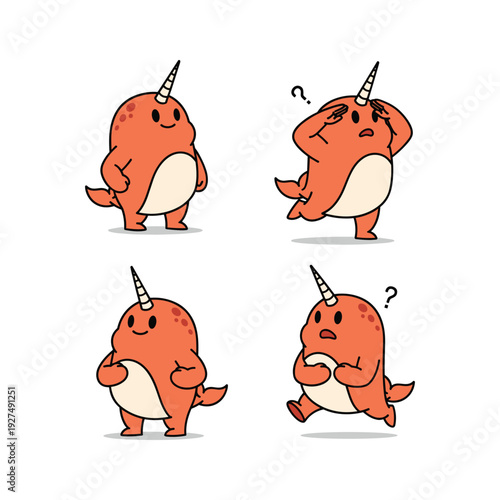 Cartoon narwhal showing different emotions on white background