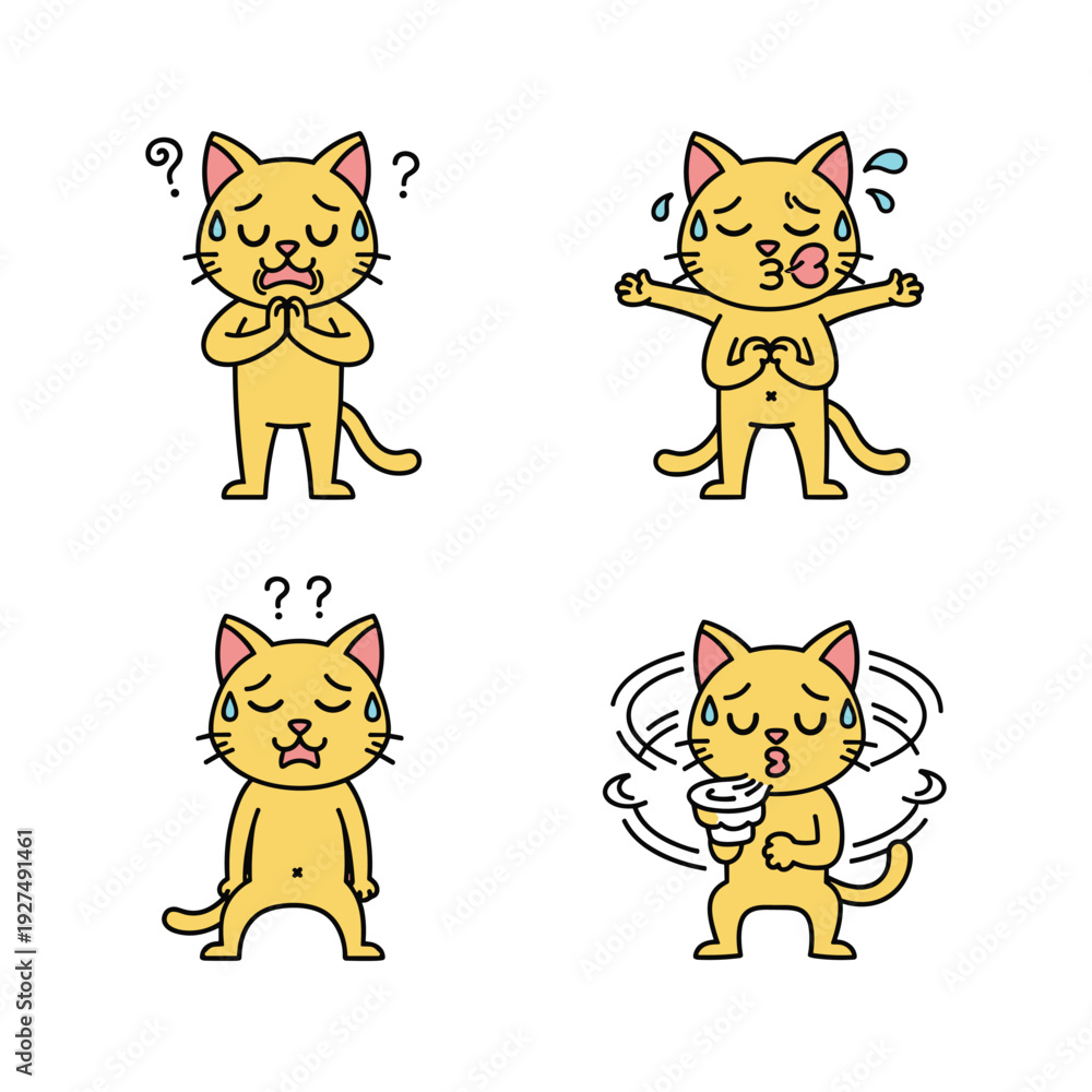 Obraz premium Cartoon cat showing different emotions and reactions with question marks and sweat drops