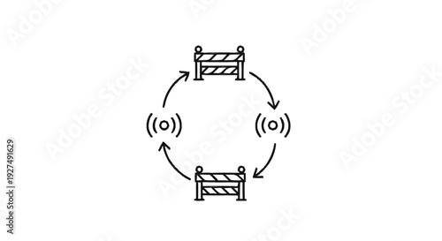 Circular diagram showing two construction barriers and signal icons.