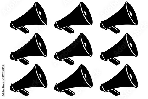 A vector graphic illustration of multiple black megaphones on a white background