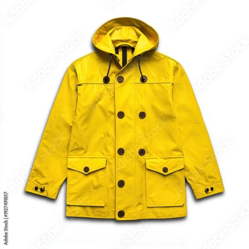 Bright Yellow Rain Jacket with Hood and Buttons for Outdoor Protection