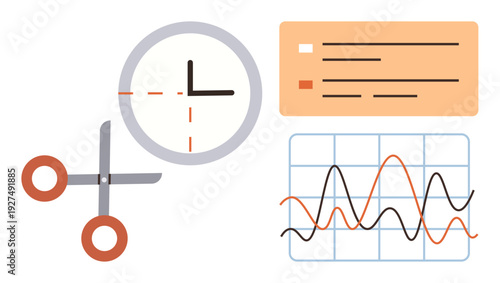 Data analysis, time tracking, planning, task organization, productivity tools, workflow concepts. Clock, scissors data chart and checklist illustration. Time management and data analysis