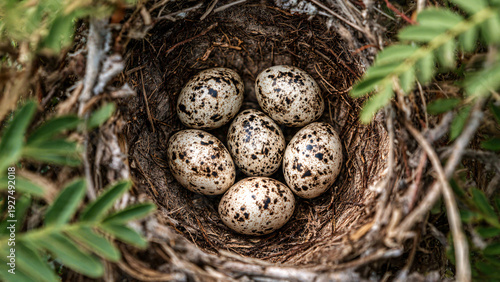 Bird nest with six speckled eggs in greenery, capturing natures beauty. Suitable for springthemed designs or wildlife illustrations.
