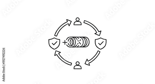Circular diagram illustrating a process with people, checks, and tires.